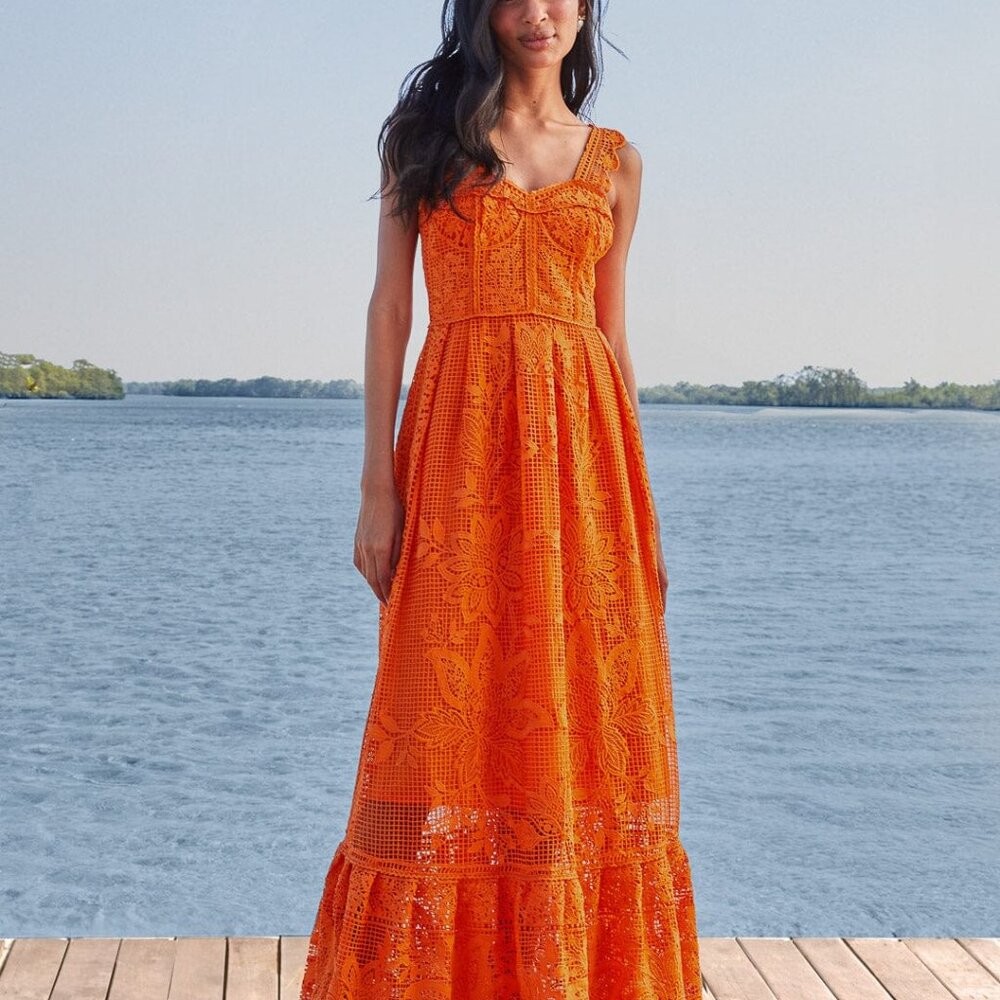 Orange Guipure Sleeveless Maxi Dress
